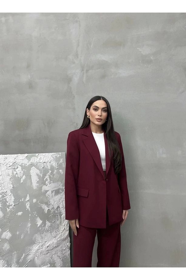 Kadın Bordo Tek Düğmeli Blazer Günlük Spor Ceket - 5