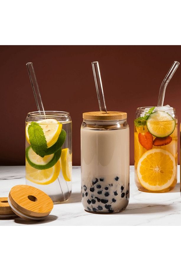 2 Adet Bambu Kapakllı- Pipetli - Borosilikat Cam Bardak- 500 ml +Temizlik Fırçası Pinterest Bardak - 4