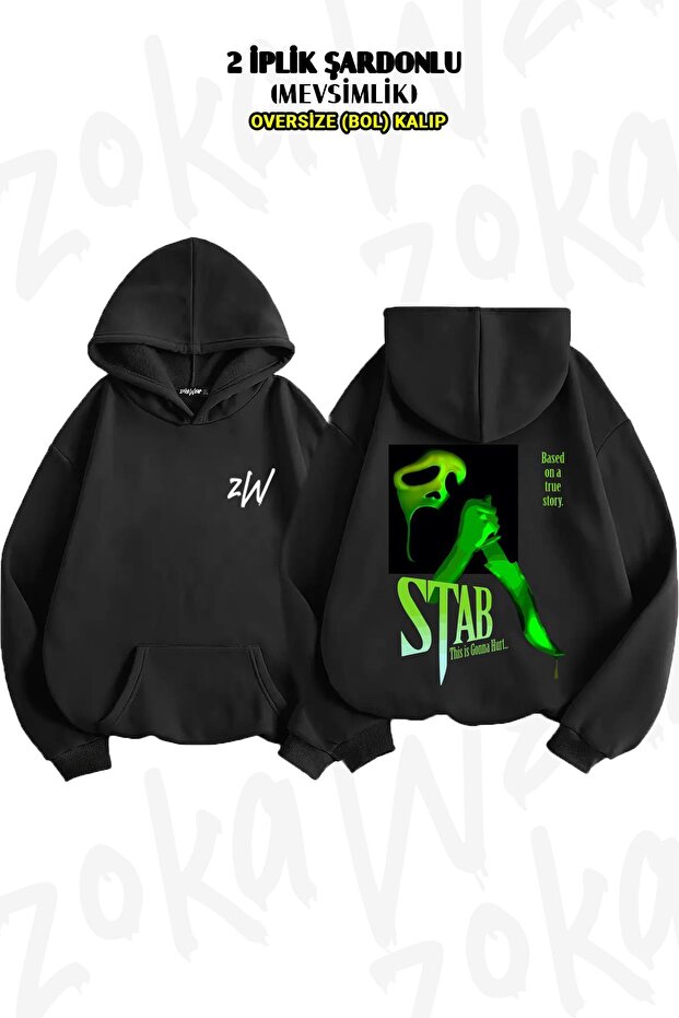 Oversize Stab (from the Scream Movie) Back Printed Hooded Sweatshirt (2 Yarns)