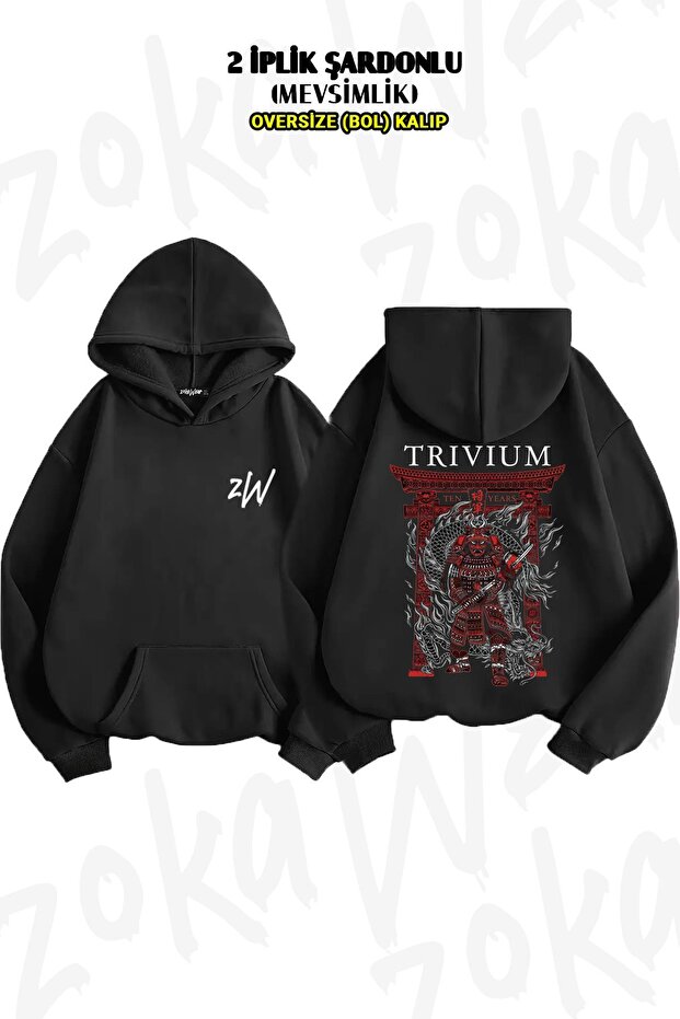 سويت شيرت بغطاء للرأس مطبوع عليه ظهر Samurai Trivium كبير الحجم (2 خيوط)