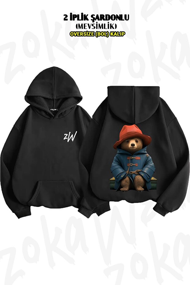Oversize Paddington Bear with Suitcase Back Print Hooded Sweatshirt (2 Yarns)
