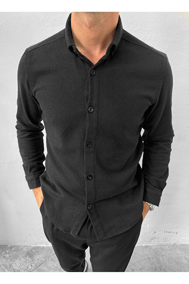 Black Plain Patterned Stamp Lumberjack Shirt