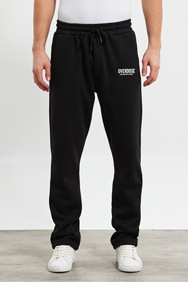 Men's Overdose Printed Baggy 3 Thread Rastered Comfortable Straight Leg Loose Fit Black Sweatpants Rf0497