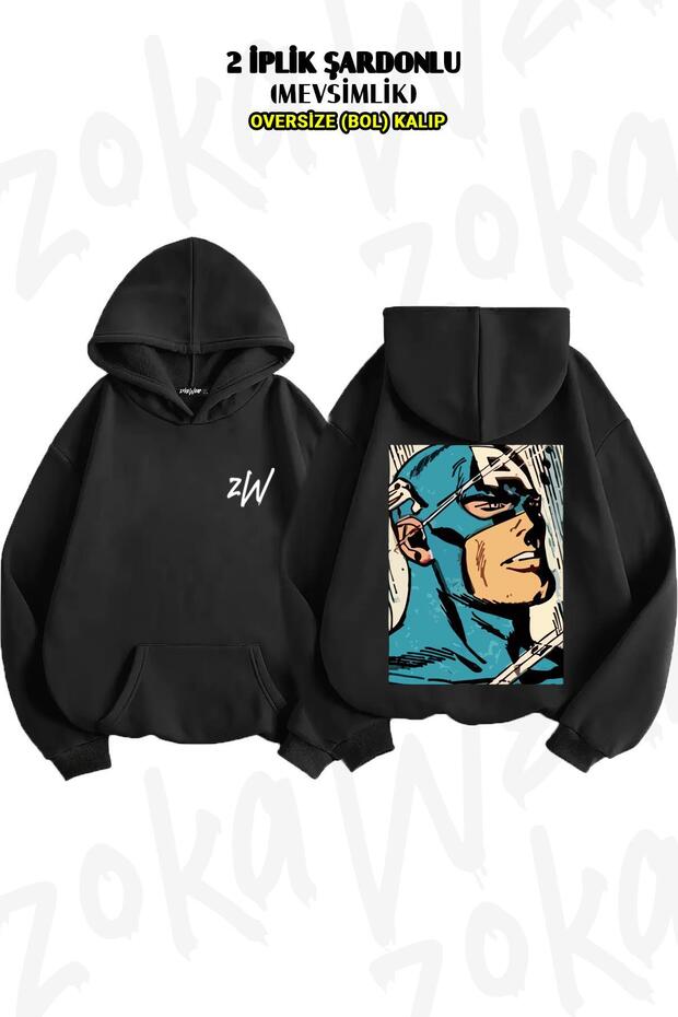 Oversize Captain America Back Printed Hooded Sweatshirt (2 Thread)