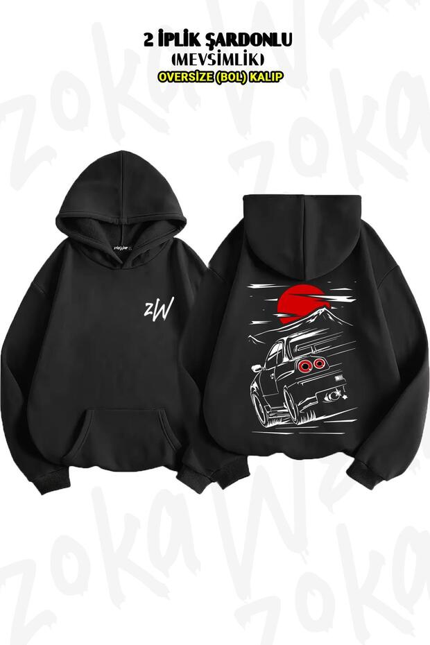 Oversize Nissan Skyline Gtr 34 Back Printed Hooded Sweatshirt (2 Yarns)