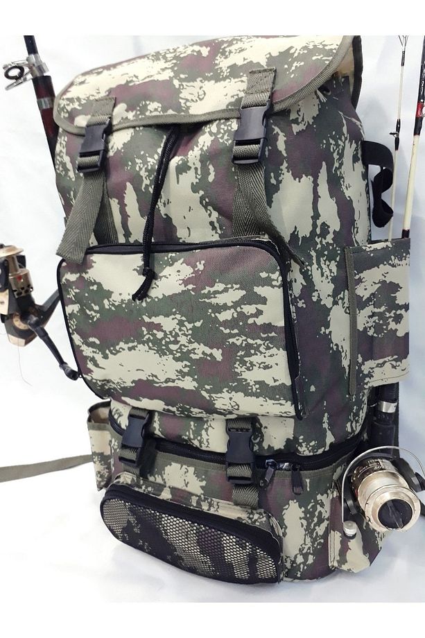 Termal Alt Bölmeli Kamuflaj Yan Olta Sabitlemeli Kamp Ve Balıkçı Sırt Çantası 62*41*22cm - 1