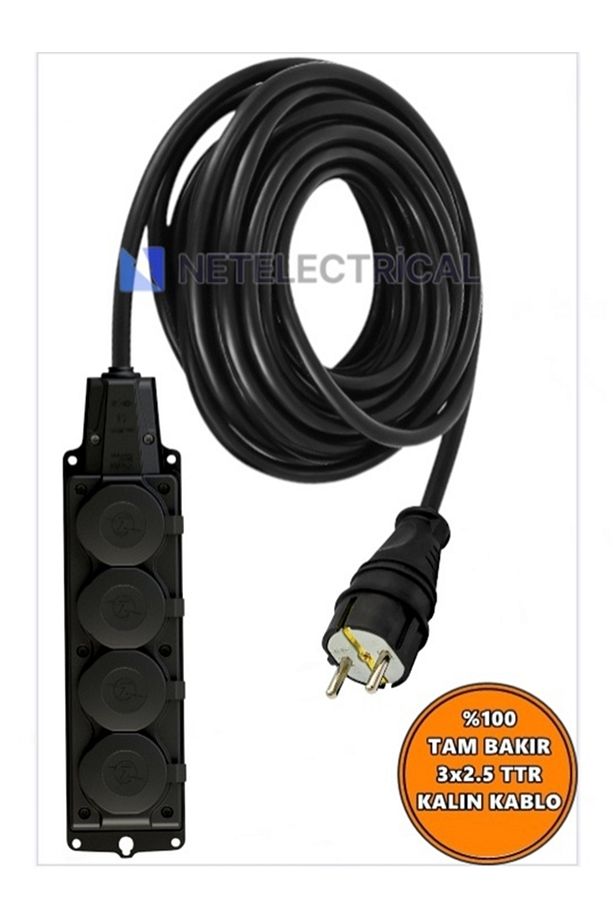 Kauçuk 4'lü Topraklı Grup Priz Uzatma Kablosu 10 METRE 3x2.5 Mm² Ttr Kalın Siyah Kablolu - 1