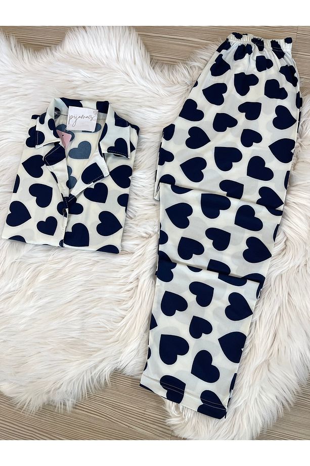 Lacivert Kalp Desenli Kısa Kol Gömlek Yaka Örme Pijama Takımı - 4