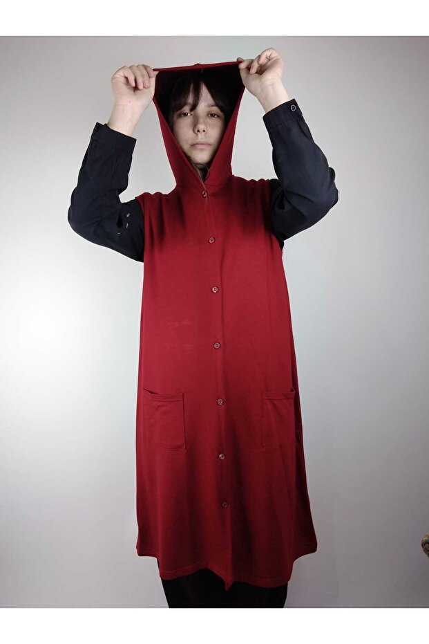 Women's Burgundy Hooded Buttoned Pocket Sleeveless Two Thread Long Vest