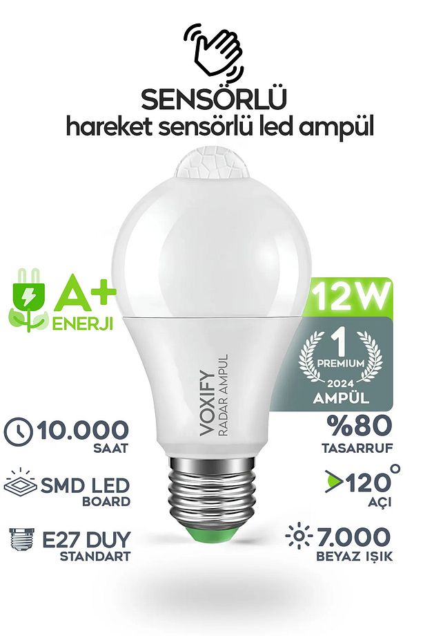 Hareket Sensörlü Led Lamba E27 Duy 12w Işık Lamba A Otomatik Led Ampül Hareket Algılayıcılı - 1
