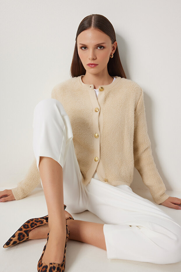 Boucle Knitwear Jacket Cardigan Dark Cream Lyy0053