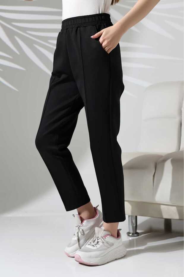 Women's Scuba Pants with Pockets, Elastic Waist, No Ironing, Sewing Detail