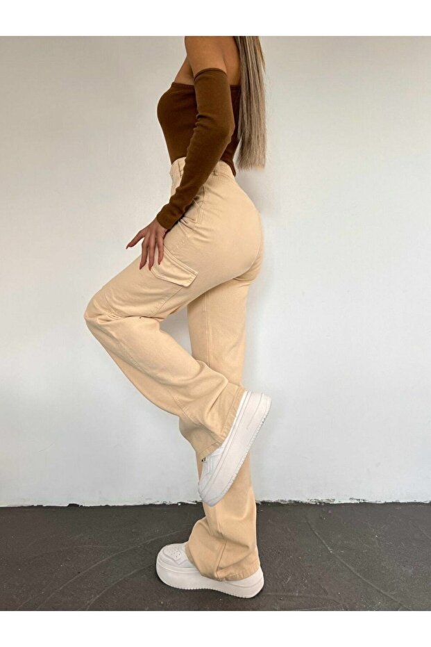 Monstar Women's Cream Lycra Back Pocketless Model Cargo Palazzo Trousers