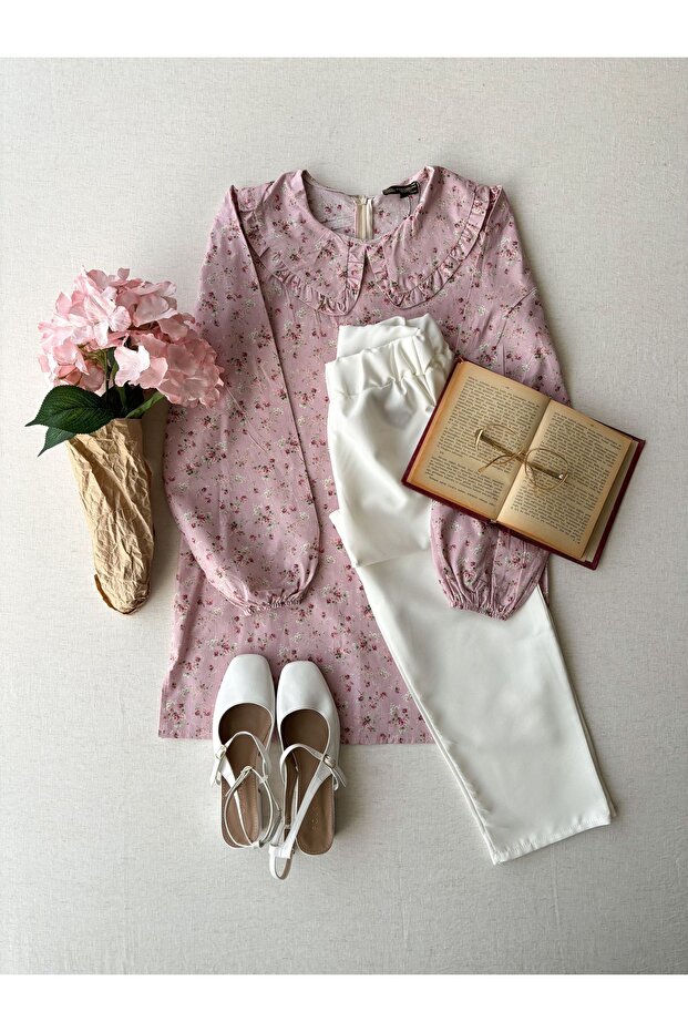 Baby Collar Floral Long Poplin Tunic