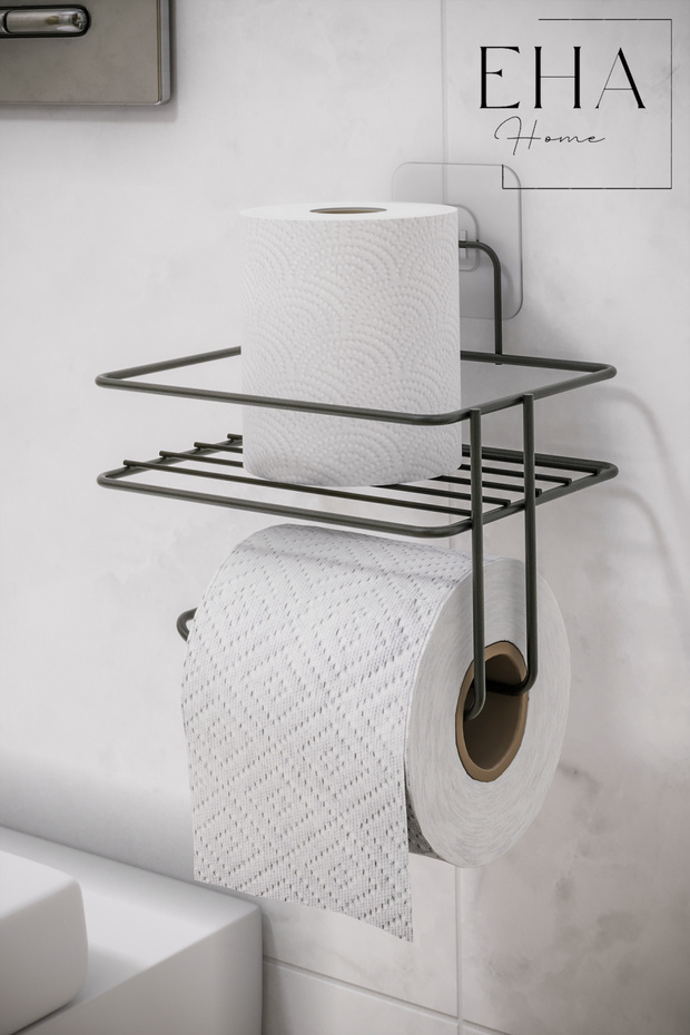 Yapışkanlı Raflı Siyah Tuvalet Kağıdı Tutacağı Askısı Metal tuvalet Kağıtlık wc raf - 1