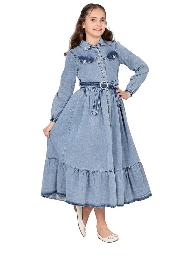 Kız Çocuk Kot Elbise  Denim Kumaş Pamuklu Uzun Kot Jean Elbise - 1