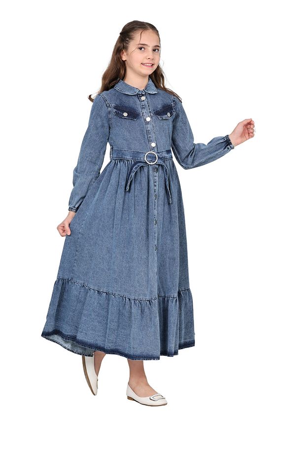 Kız Çocuk Kot Elbise  Denim Kumaş Pamuklu Uzun Kot Jean Elbise - 1