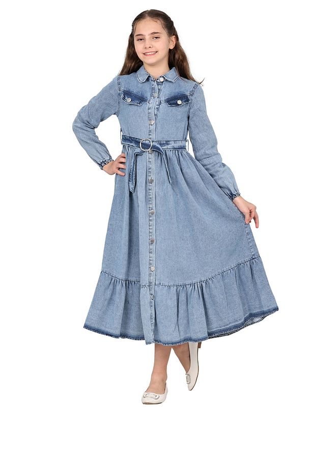 Kız Çocuk Kot Elbise  Denim Kumaş Pamuklu Uzun Kot Jean Elbise - 2