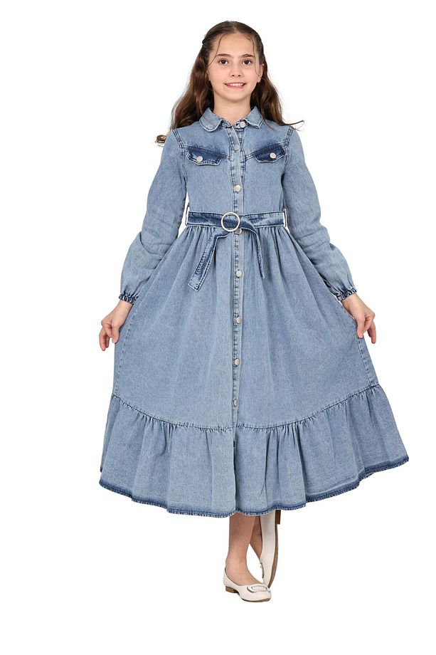 Kız Çocuk Kot Elbise  Denim Kumaş Pamuklu Uzun Kot Jean Elbise - 4