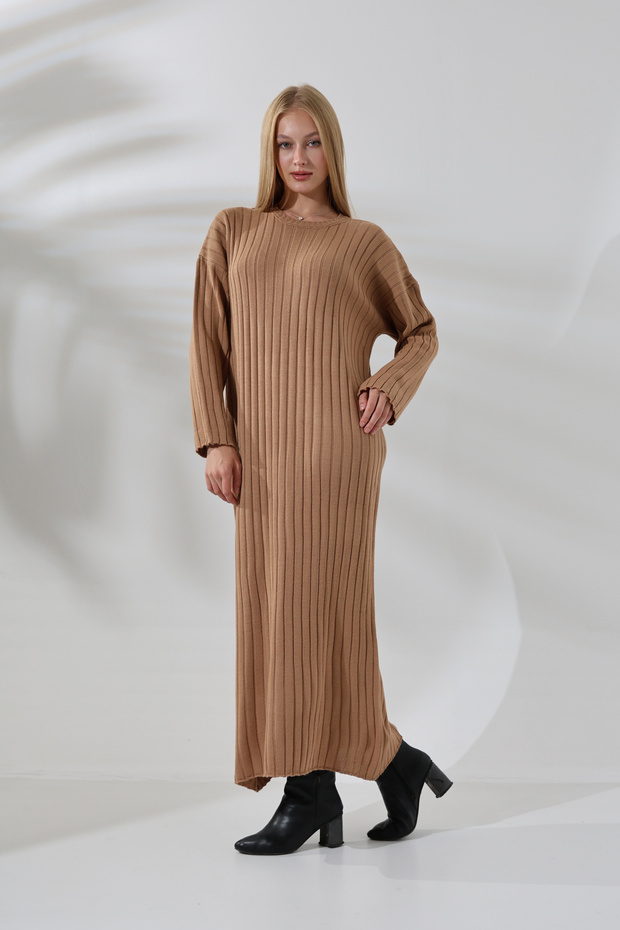 Ribbed Long Sleeve Oversize Ankle Length Basic Seasonal Knitwear Dress