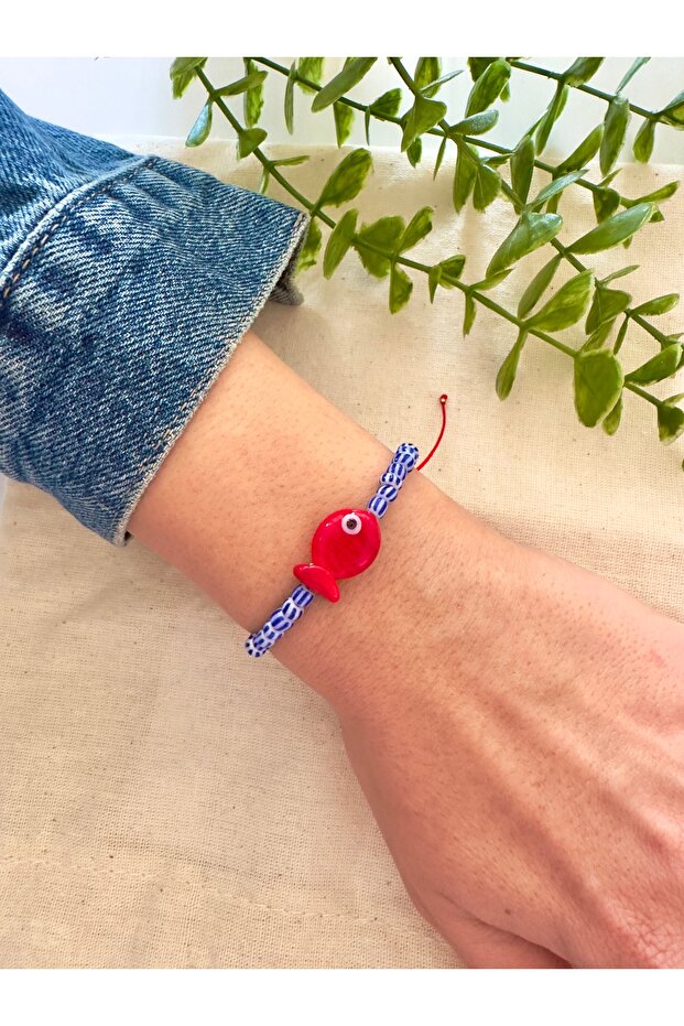 Red Glass Murano Fish Blue White Striped Bracelet