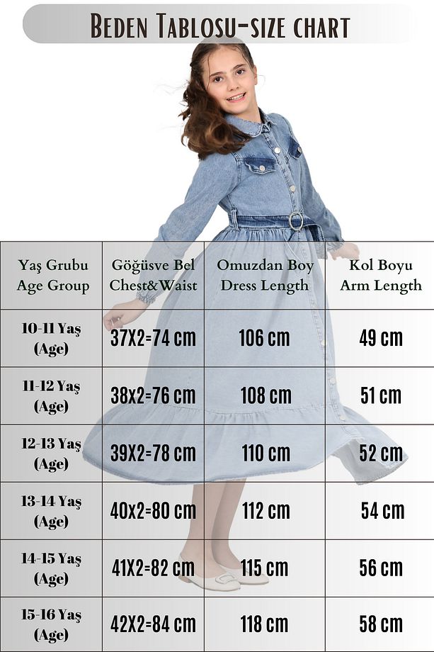 Kız Çocuk Kot Elbise  Denim Kumaş Pamuklu Uzun Kot Jean Elbise - 3