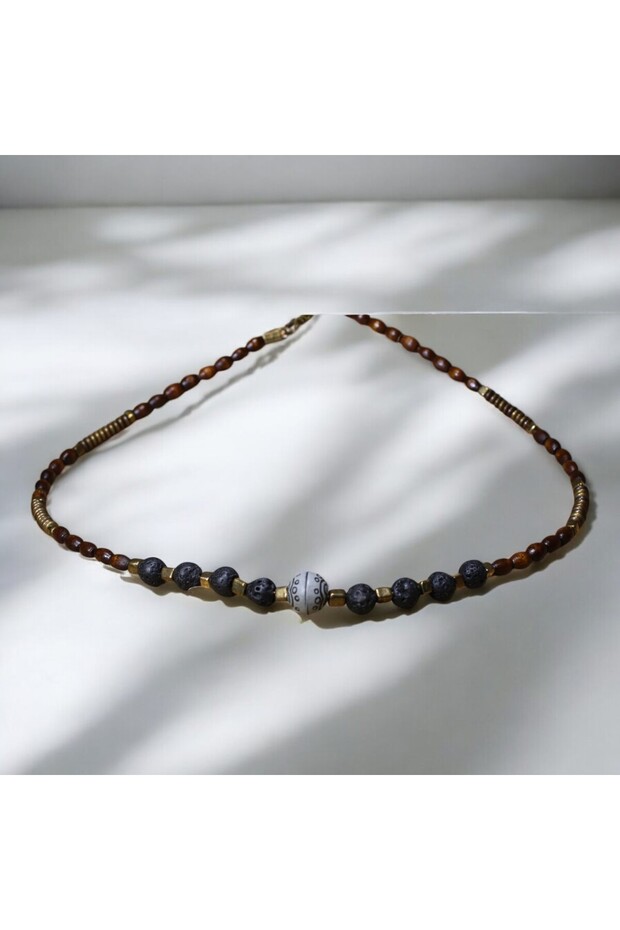 Black Lava Stone, Wood and Metal Beads Necklace