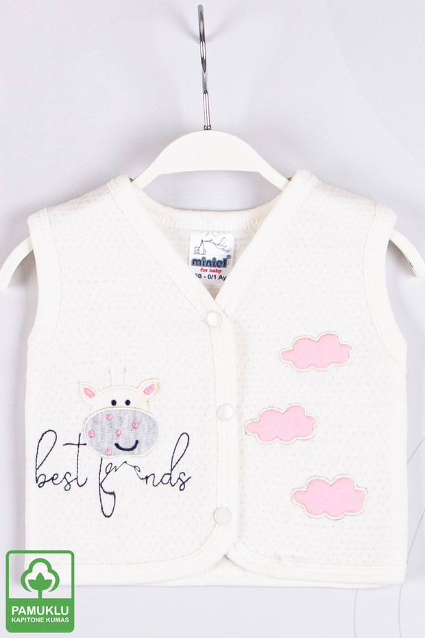 Baby Girl Cloudy Cow Embroidered Organic Cotton 1-3-6-9 Months Quilted Baby Vest - Ecru/pink