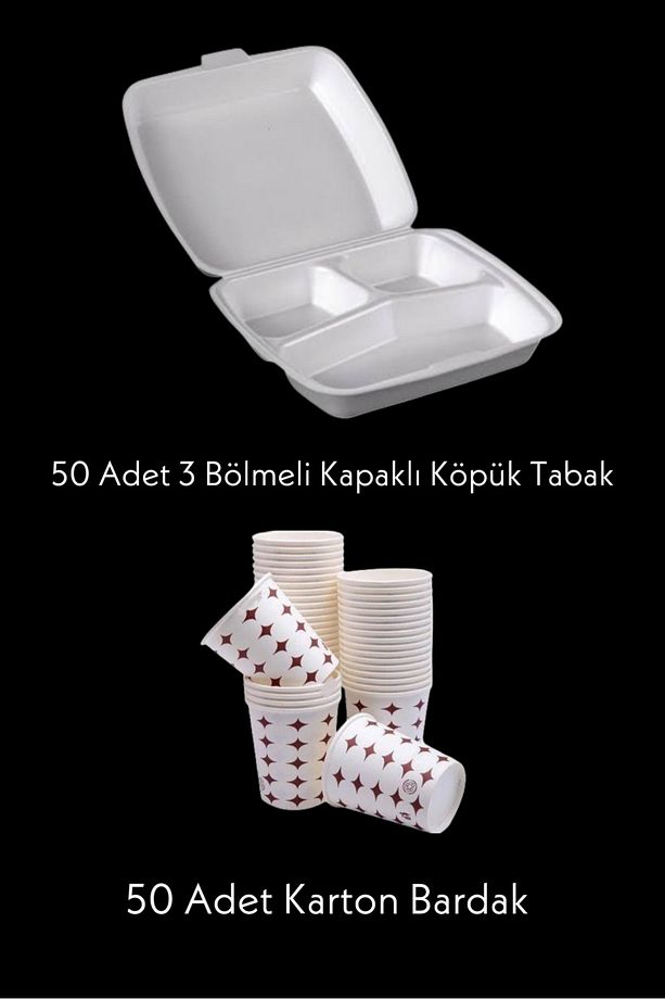50 Adet 3 Bölmeli Kapaklı Köpük Tabak - 50 Adet Karton Bardak - 1