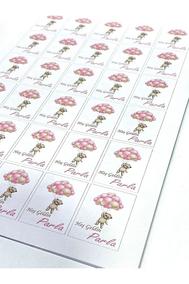 Yapışkanlı Isim Etiketi Uçan Balonlu Ayıcık Pembe 3,5 X 4.5 Cm 30 Adet Bebek Isim Etiketi - 1