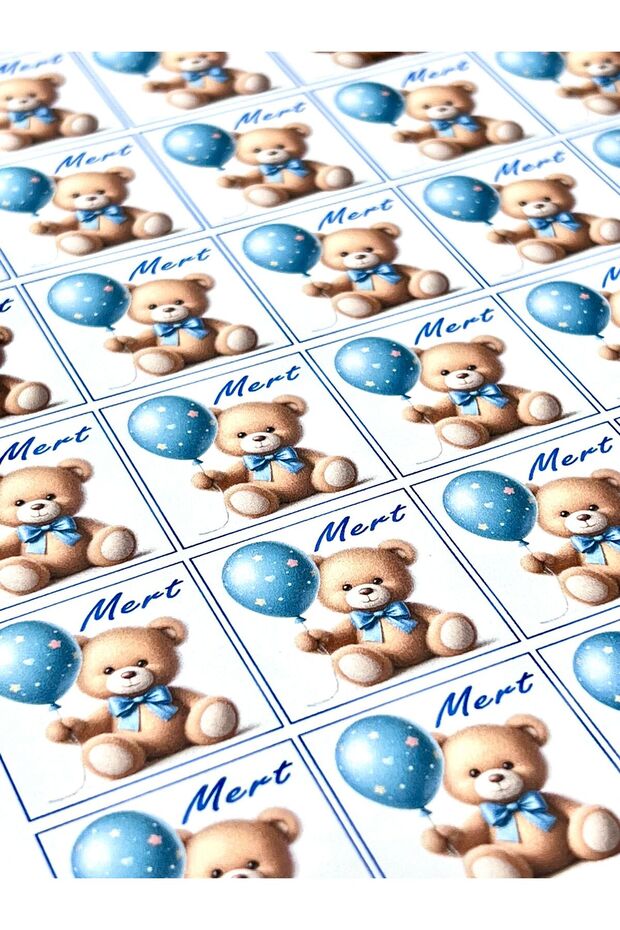 Adhesive Baby Sticker with Blue Balloon - 50 Pieces, 3 X 3 cm Square Name