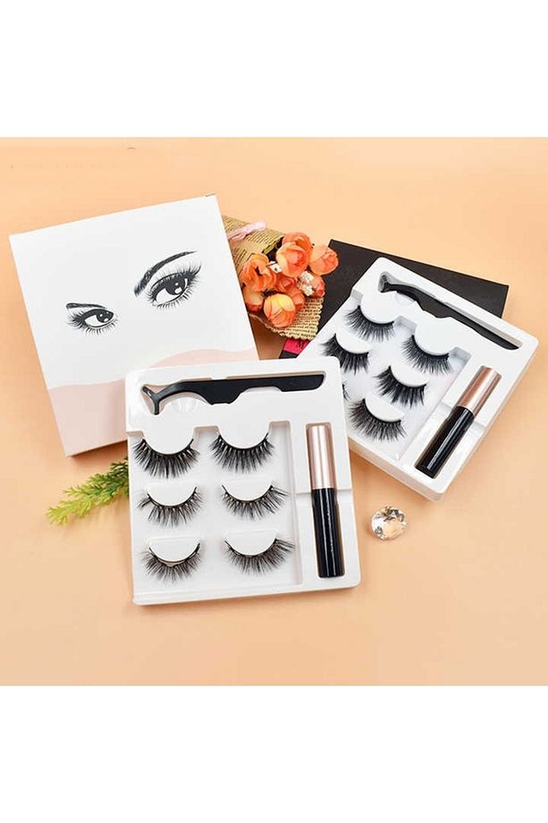 Manyetik Kirpik Mıknatıslı Kirpik Gerçek Görünümlü 3 Çift Eyeliner Cımbız Seti Takma Kiprik - 1