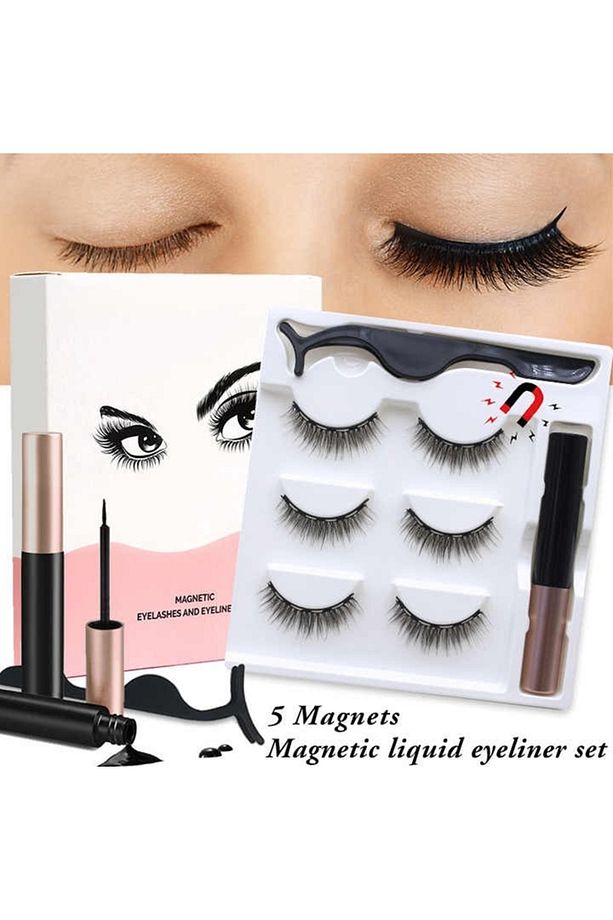Manyetik Kirpik Mıknatıslı Kirpik Gerçek Görünümlü 3 Çift Eyeliner Cımbız Seti Takma Kiprik - 5