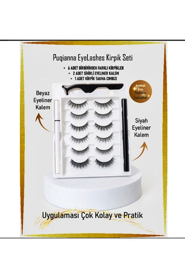 Takma kirpik seti 6 farklı Doğal Model -2 Adet Mıknatıslı Likit Eyeliner Yapıştırıcı (Beyaz+Siyah) - 1