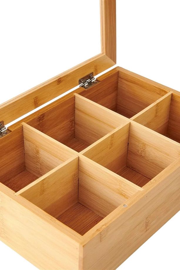 Bambu Çay Kutusu - Kapaklı Bitki Çayı Kutusu 6 Bölmeli 21X16X7 - 1