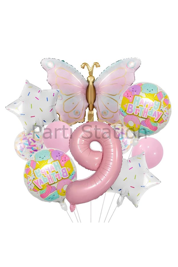 Butterfly 9 Years Old Balloon Set Rainbow Butterfly Concept Birthday Balloon Set