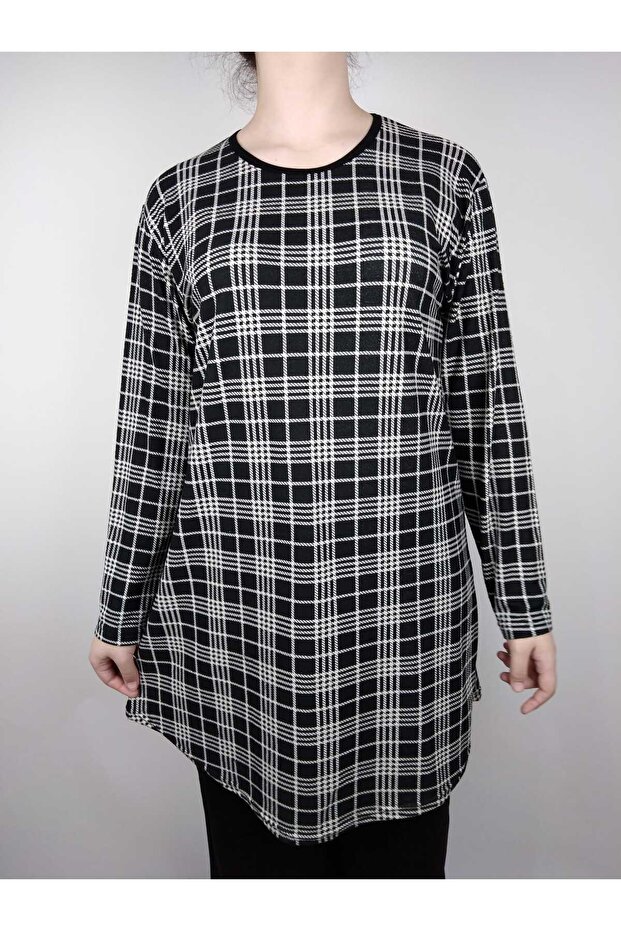 Women's Black White Crew Neck Long Sleeve Suede Soft Fabric Tunic