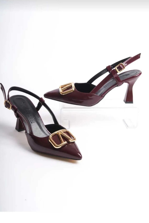 Burgundy Patent Leather V Buckle Detailed Stiletto