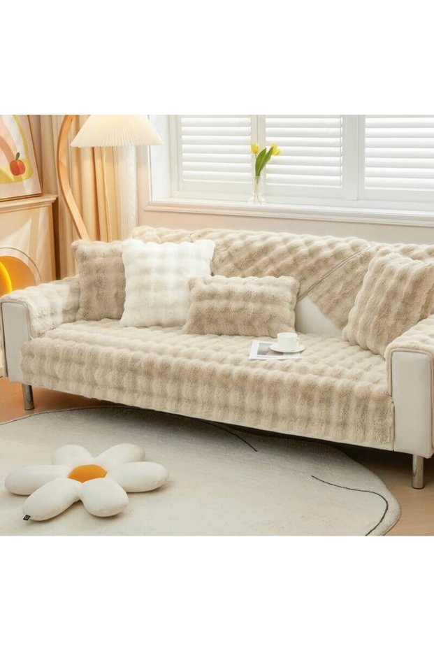 Rabbit Plush Bubble Pattern Three-Person Sofa Cover (1 Piece) Size 80 X 200 cm Cream