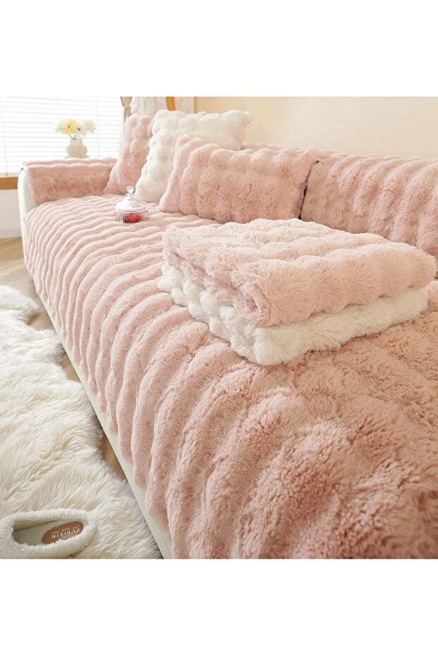 Peluş Bubble Üç Kişilik Kanepe Örtüsü ( 1adet ) Ölçüm 80 X 190 cm Oturmak İçin-Pudra - 4