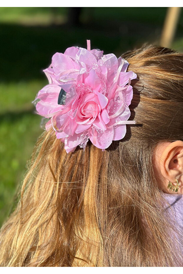 Luxury Fashion Trend Large Satin Artificial Rose Flower Hairpin Clip Buckle Pink