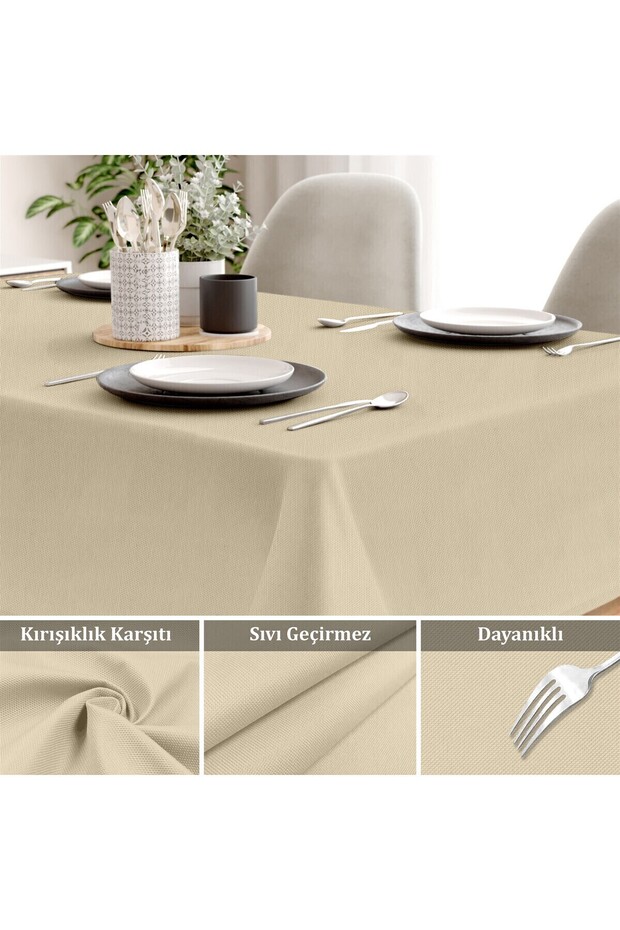 Canvas Açık Bej Sıvı Geçirmez Leke Tutmaz Masa Örtüsü - 3