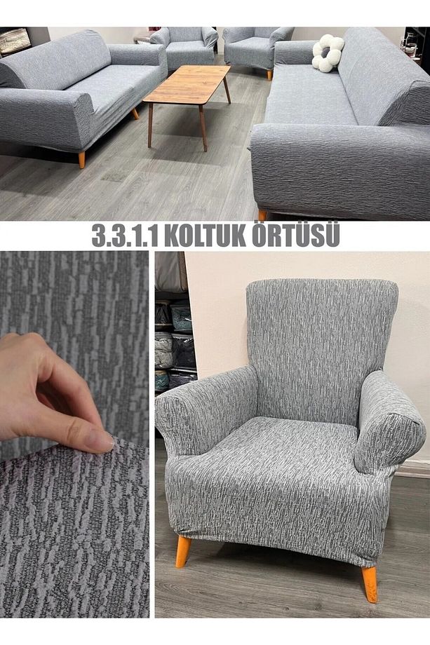 3+3+1+1 Streç Lastikli Esnek Eteksiz Pamuklu Jakarlı Koltuk Takımı Koltuk Örtüsü - 2