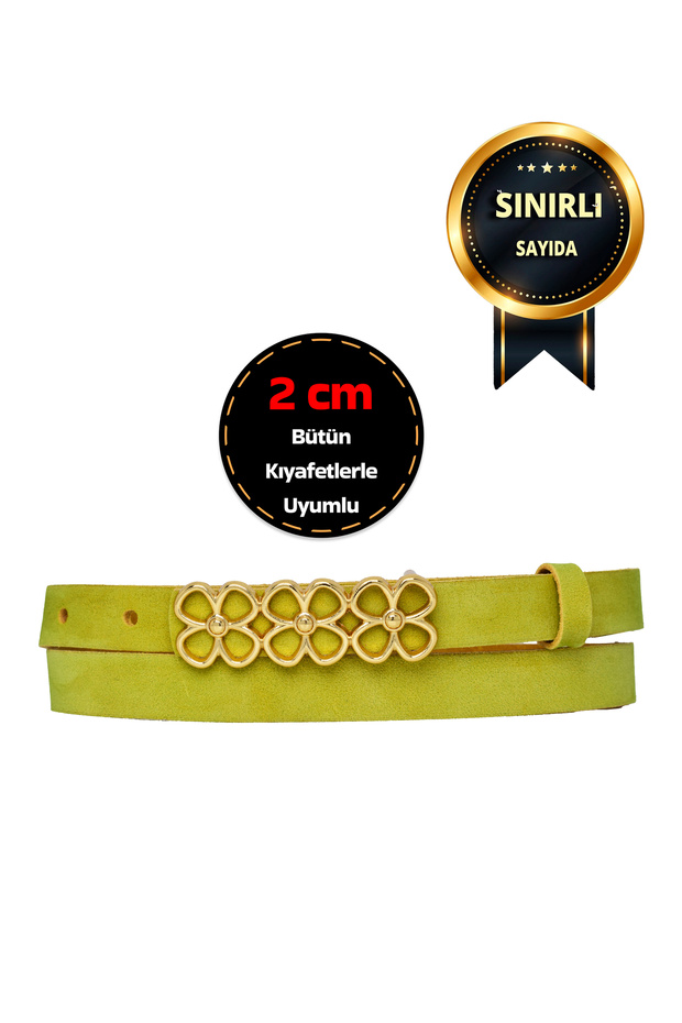 100% Genuine Soft Nubuck Leather, 2 cm Pistachio Green Women's Belt; Dress, Trouser Belt 3Flower