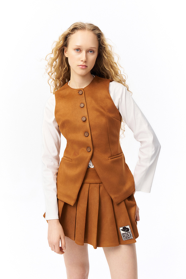 Düğmeli Süet Yelek Taba - 6