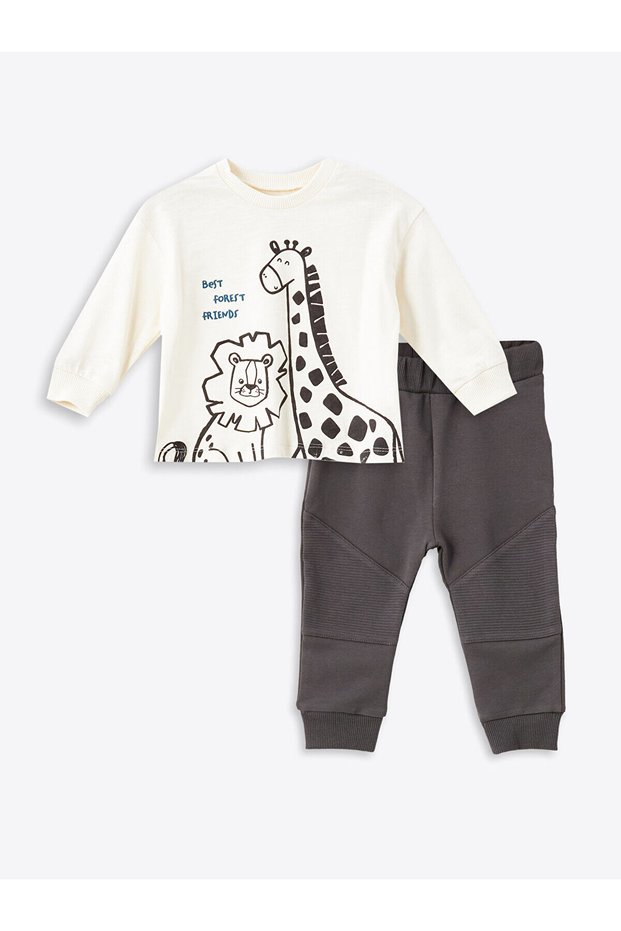 Crew Neck Long Sleeve Printed Baby Boy T-Shirt and Sweatpants Set of 2