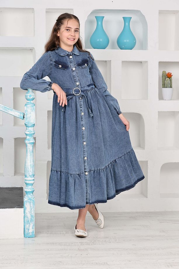 Kız Çocuk Uzun Denim Kot Elbise - 8