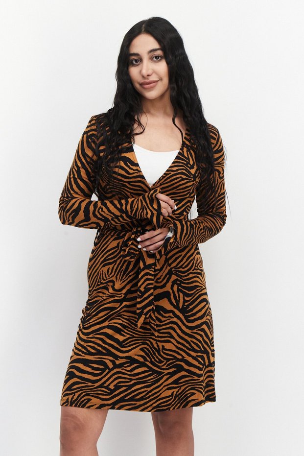 Women Animal Print Belted Mini Dress, Brown