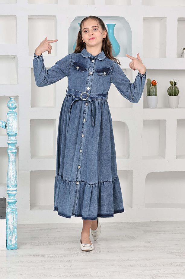 Kız Çocuk Uzun Denim Kot Elbise - 5