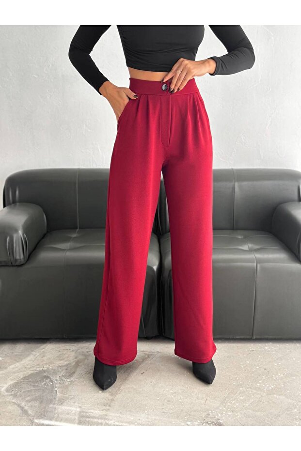 Palazzo Pants with Wide Legs and Elastic Waist with Buttons - 3